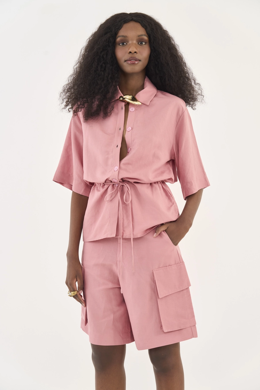 Camisa Com Linho E Cintura Regulável Rosa