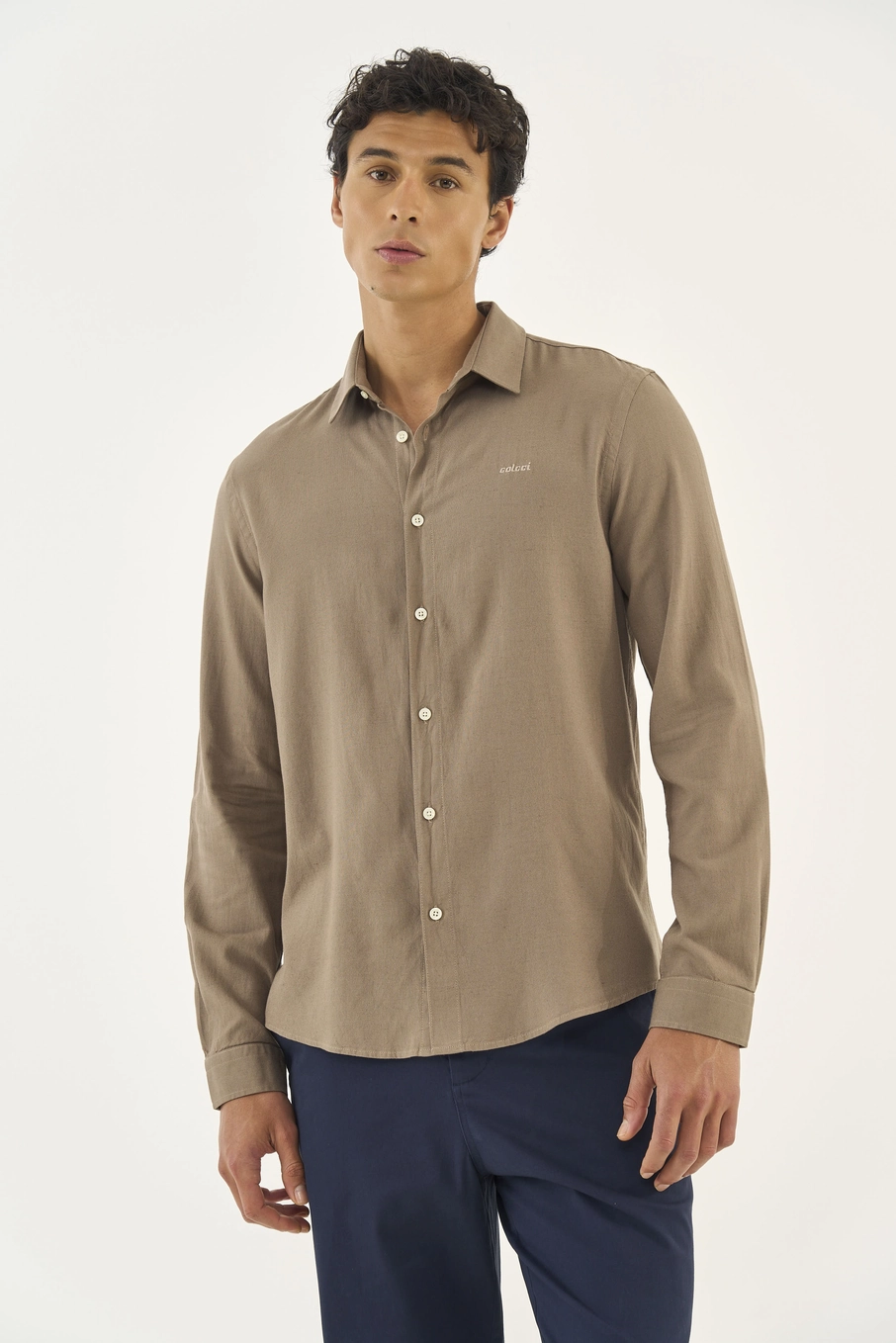 Camisa Masculina Manga Longa Relax Bege Cinzas