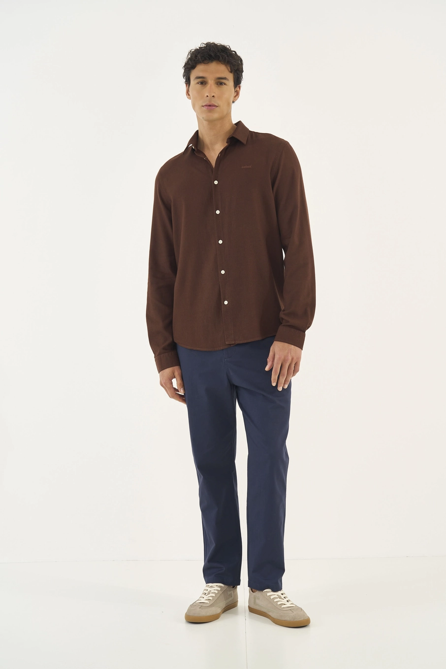 Camisa Masculina Manga Longa Relax Bege Cinzas