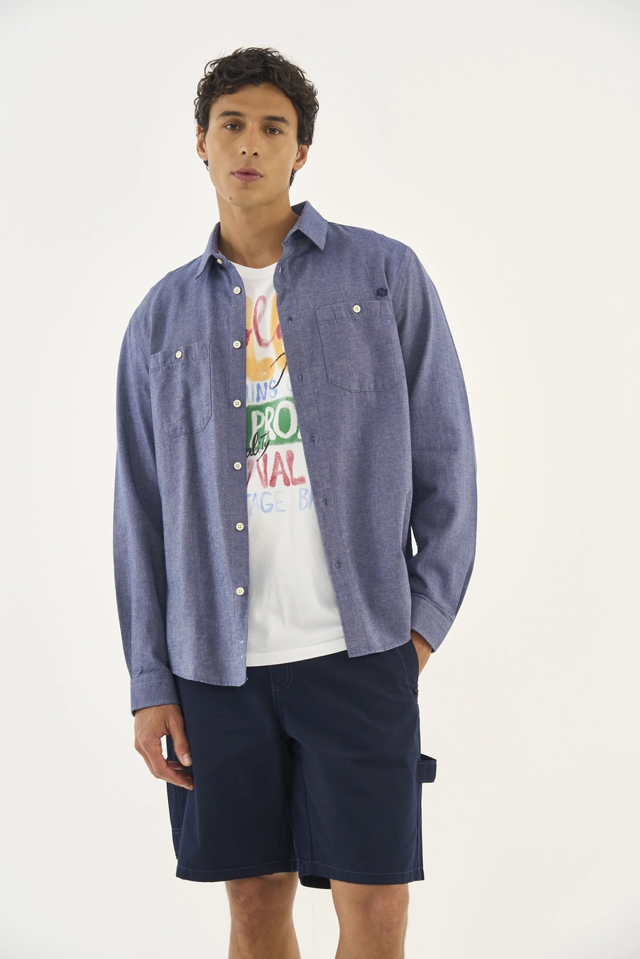 Camisa Manfa Longa Com Bolsos Azul