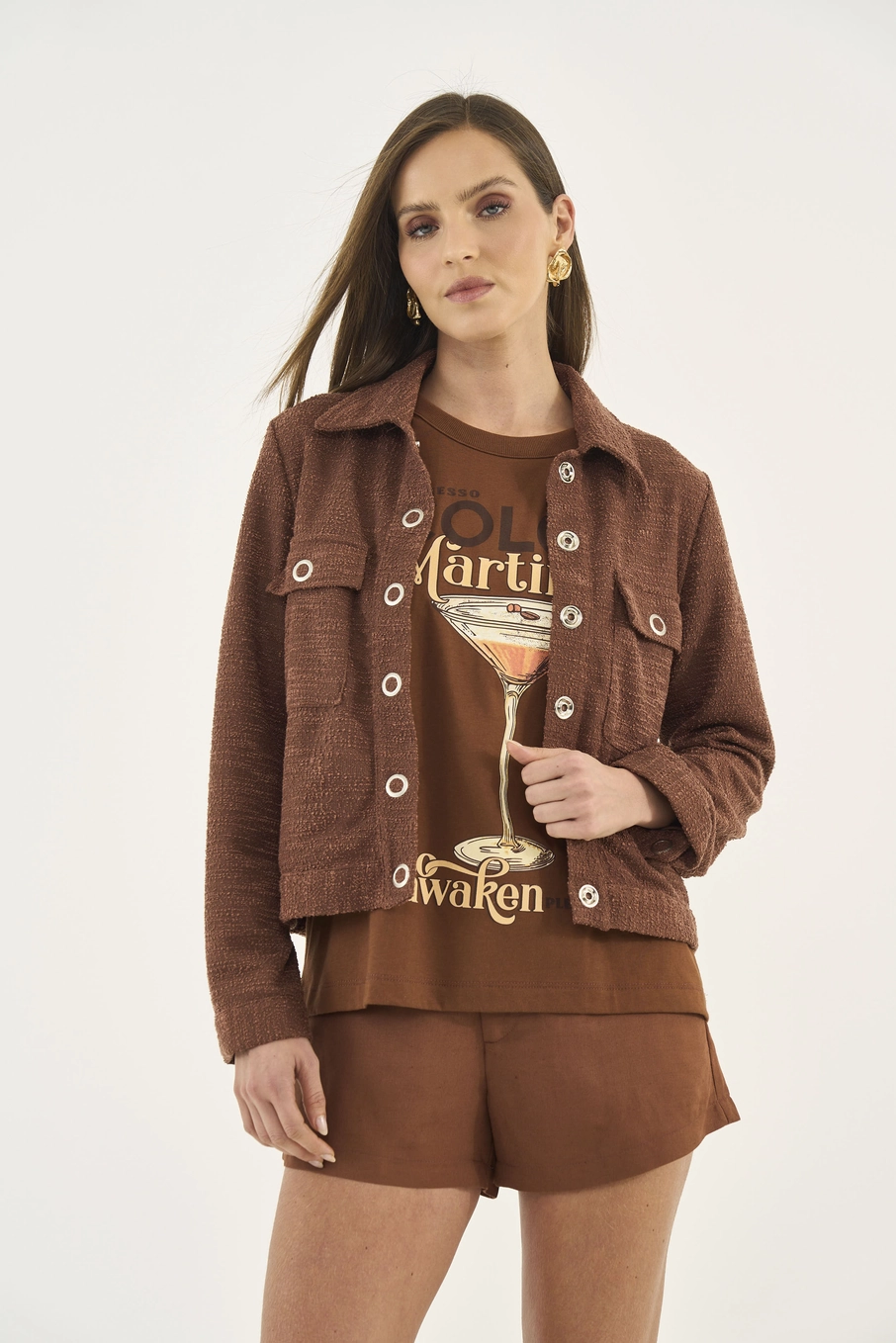 Jaqueta Texturizada Com Bolsos Frontais Marrom