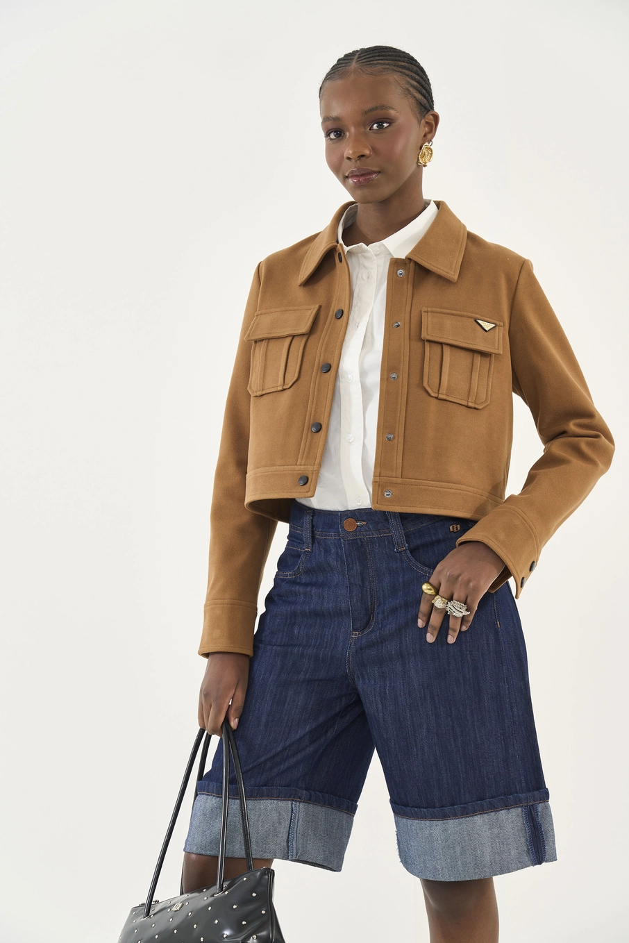 Jaqueta Reta Em Suede Com Bolsos Utilitários Marrom