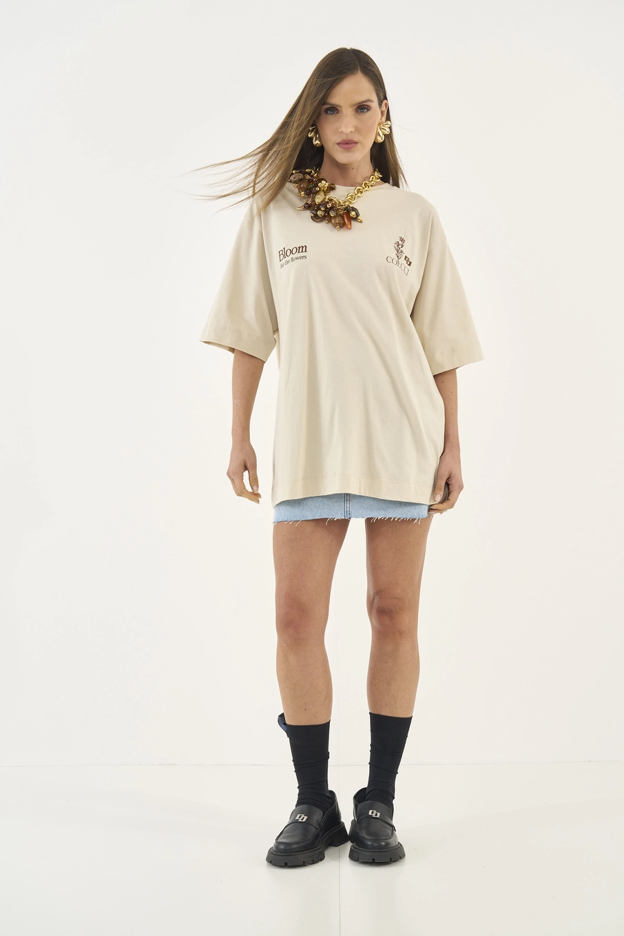 Camiseta Loose Com Estampa Bege