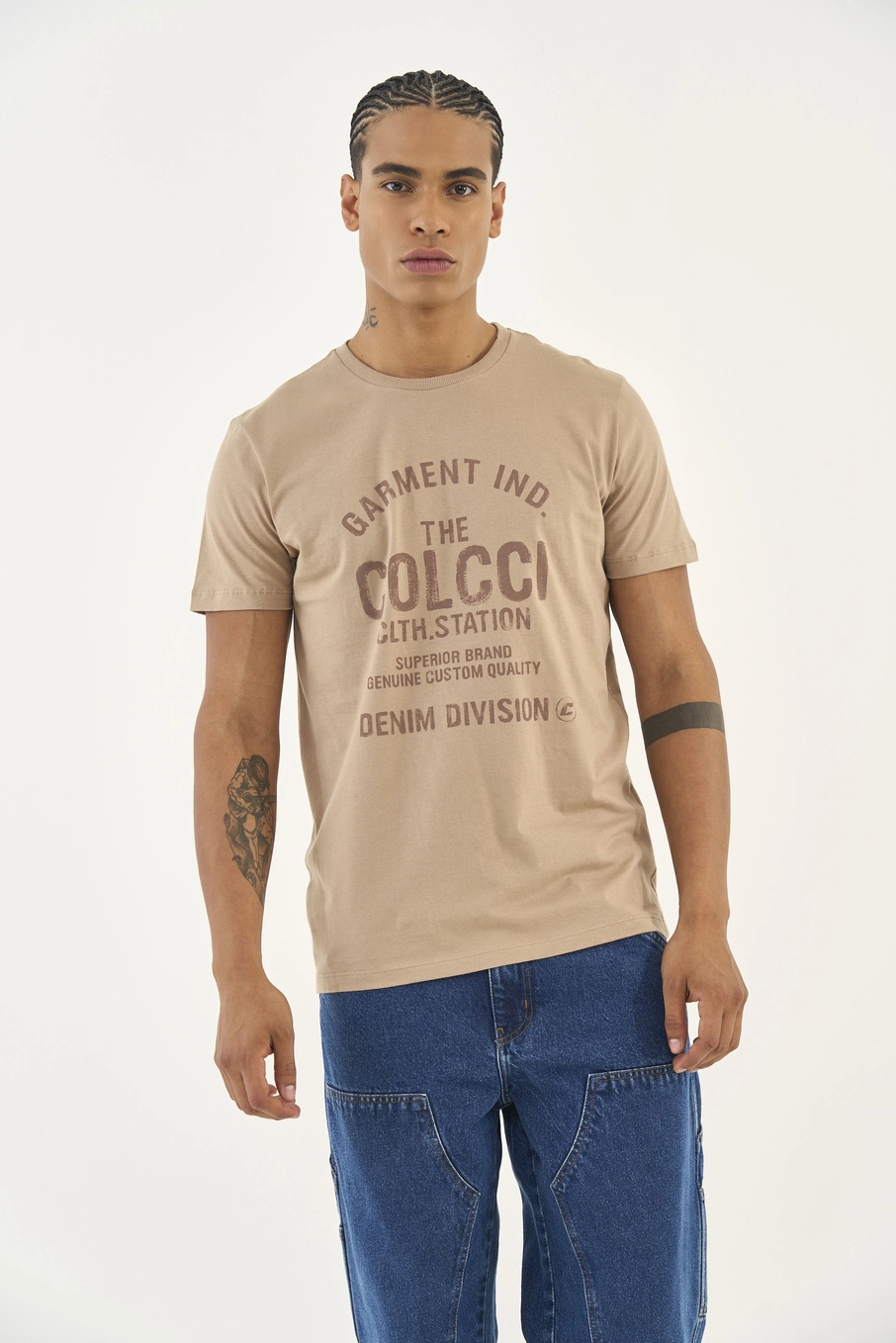 Camiseta Slim Com Estampa Frontal Bege
