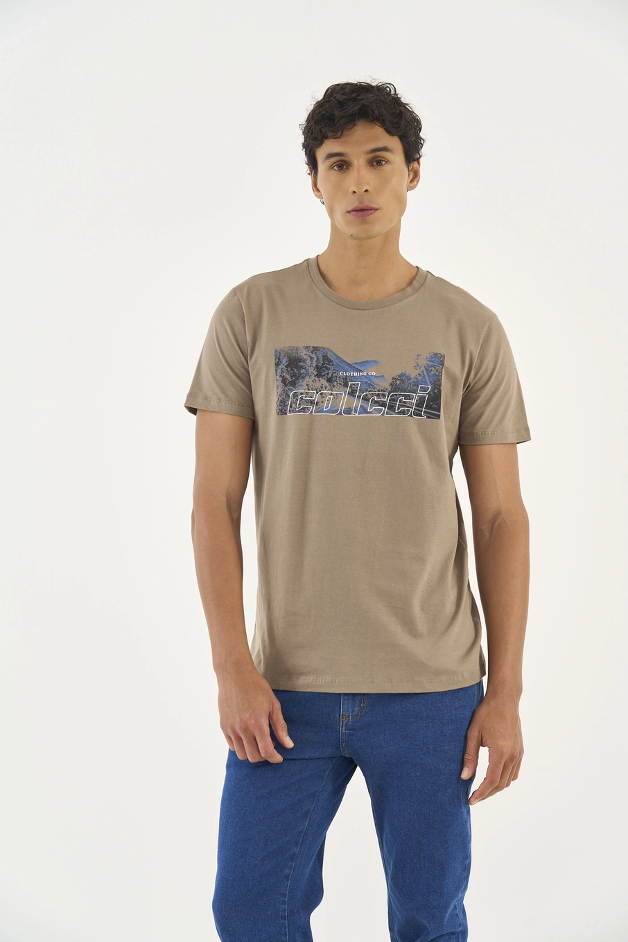 Camiseta Slim Com Estampa Bege Cinzas