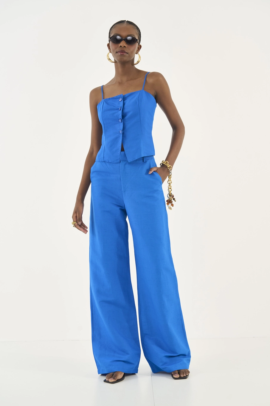 Blusa Alfaiataria Com Linho Reta Azul