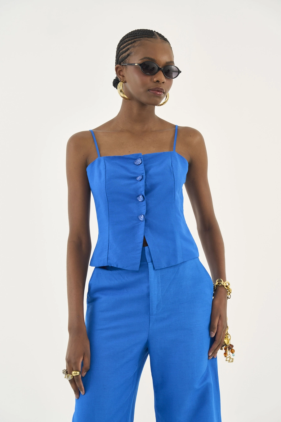 Blusa Alfaiataria Com Linho Reta Azul