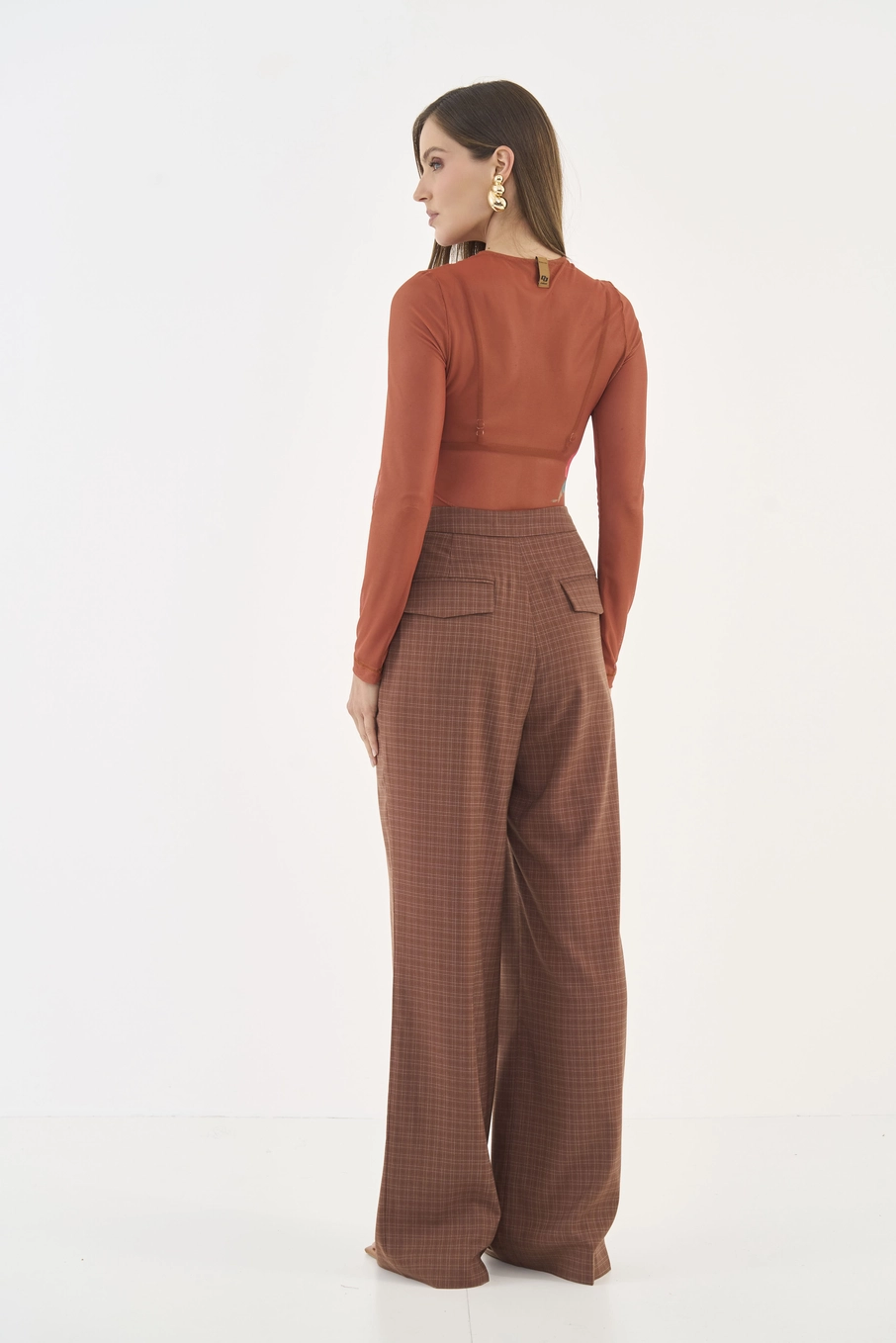Blusa Slim Em Tule Com Estampa Manga Longa Marrom