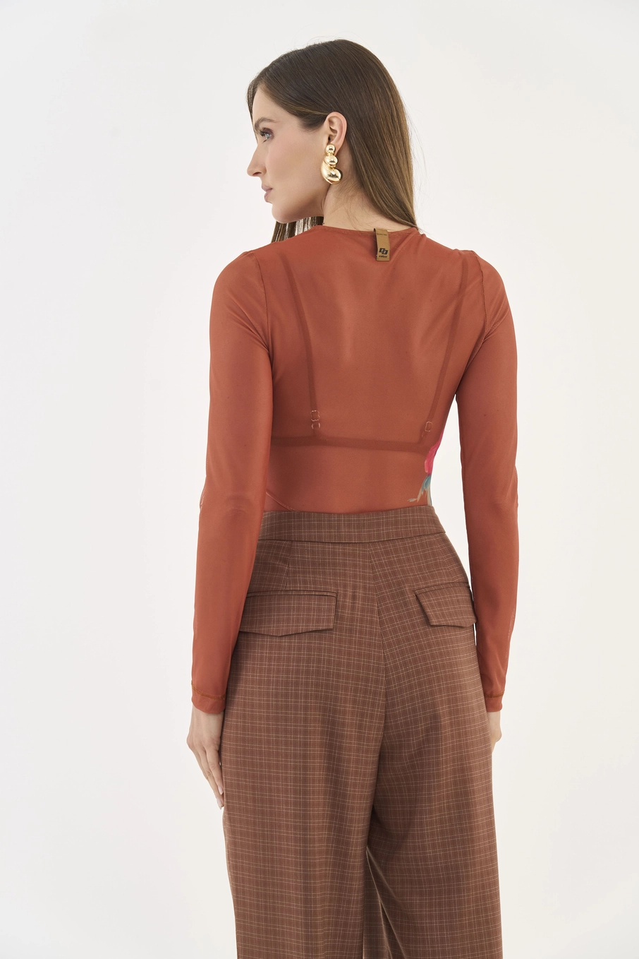 Blusa Slim Em Tule Com Estampa Manga Longa Marrom
