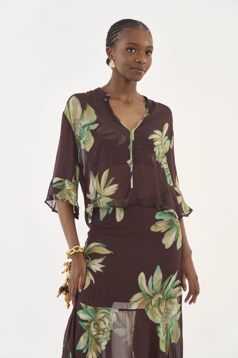 Blusa Estampada Manga Com Babados
