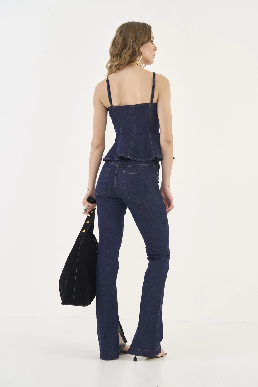Blusa Jeans Slim Com Babados Índigo