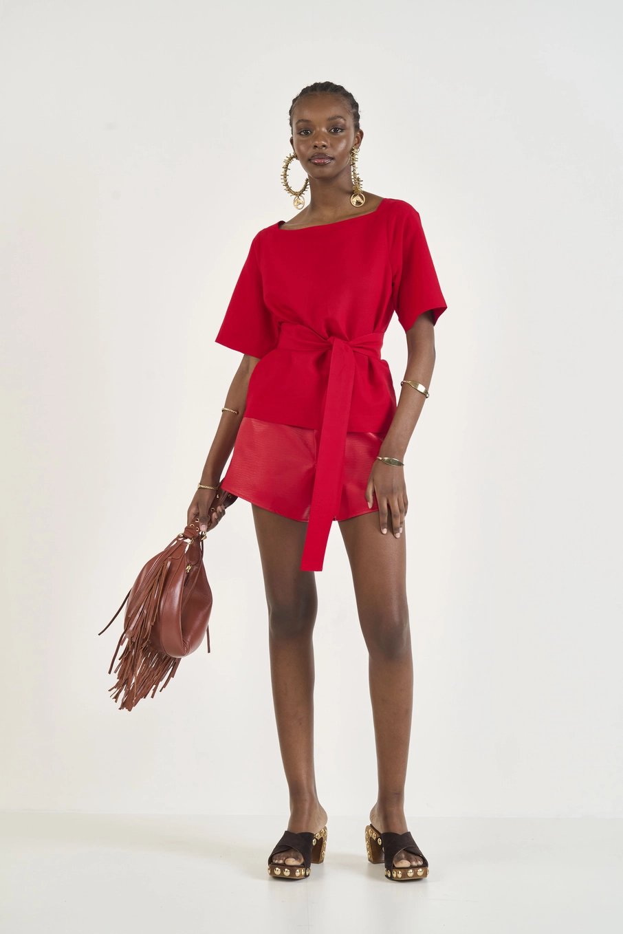 Blusa Comfort Com Faixa Acinturada De Amarração Vermelho