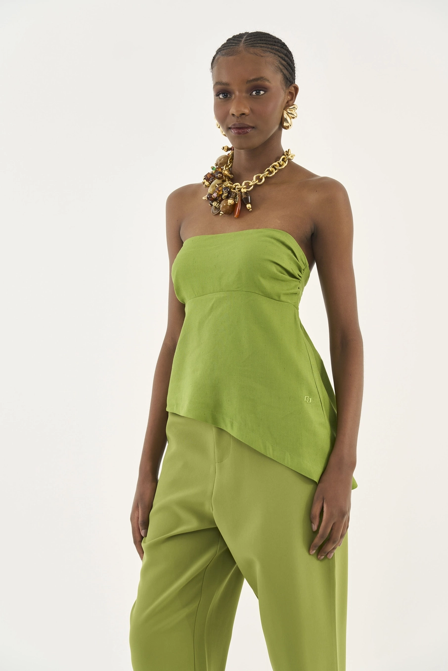Blusa Tomara Que Caia Com Linho Assimétrica Verde