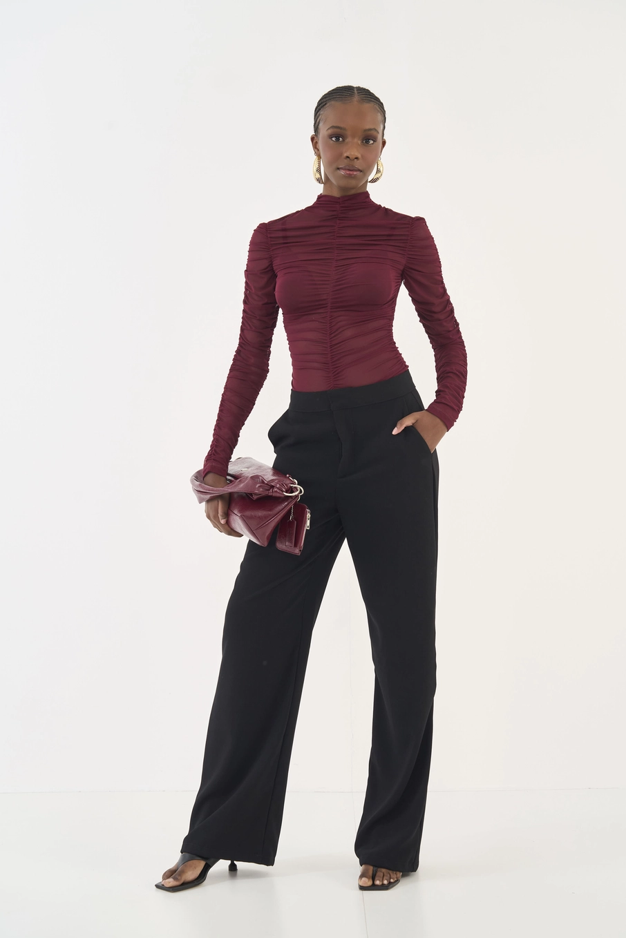Blusa Slim Manga Longa Com Franzido Bordô