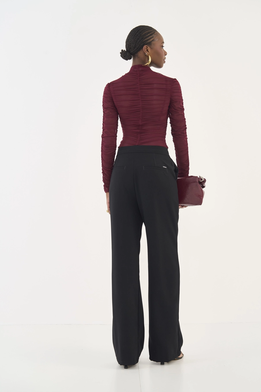 Blusa Slim Manga Longa Com Franzido Bordô