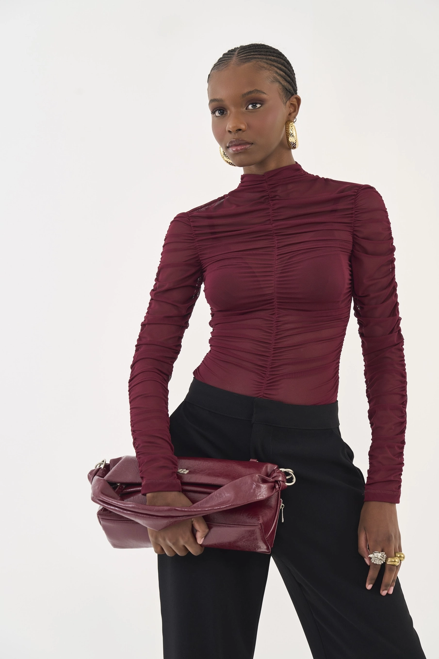 Blusa Slim Manga Longa Com Franzido Bordô