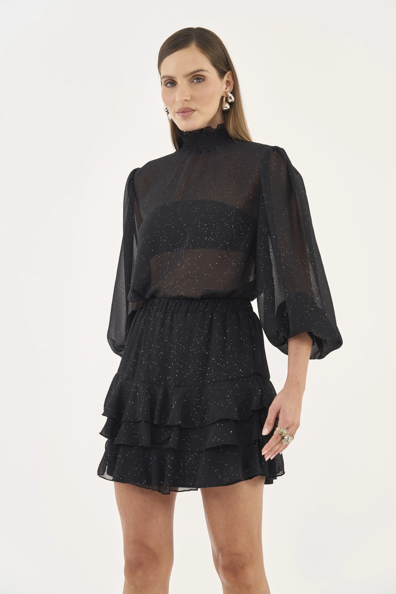 Blusa Solta Mangas Bufantes Com Brilho