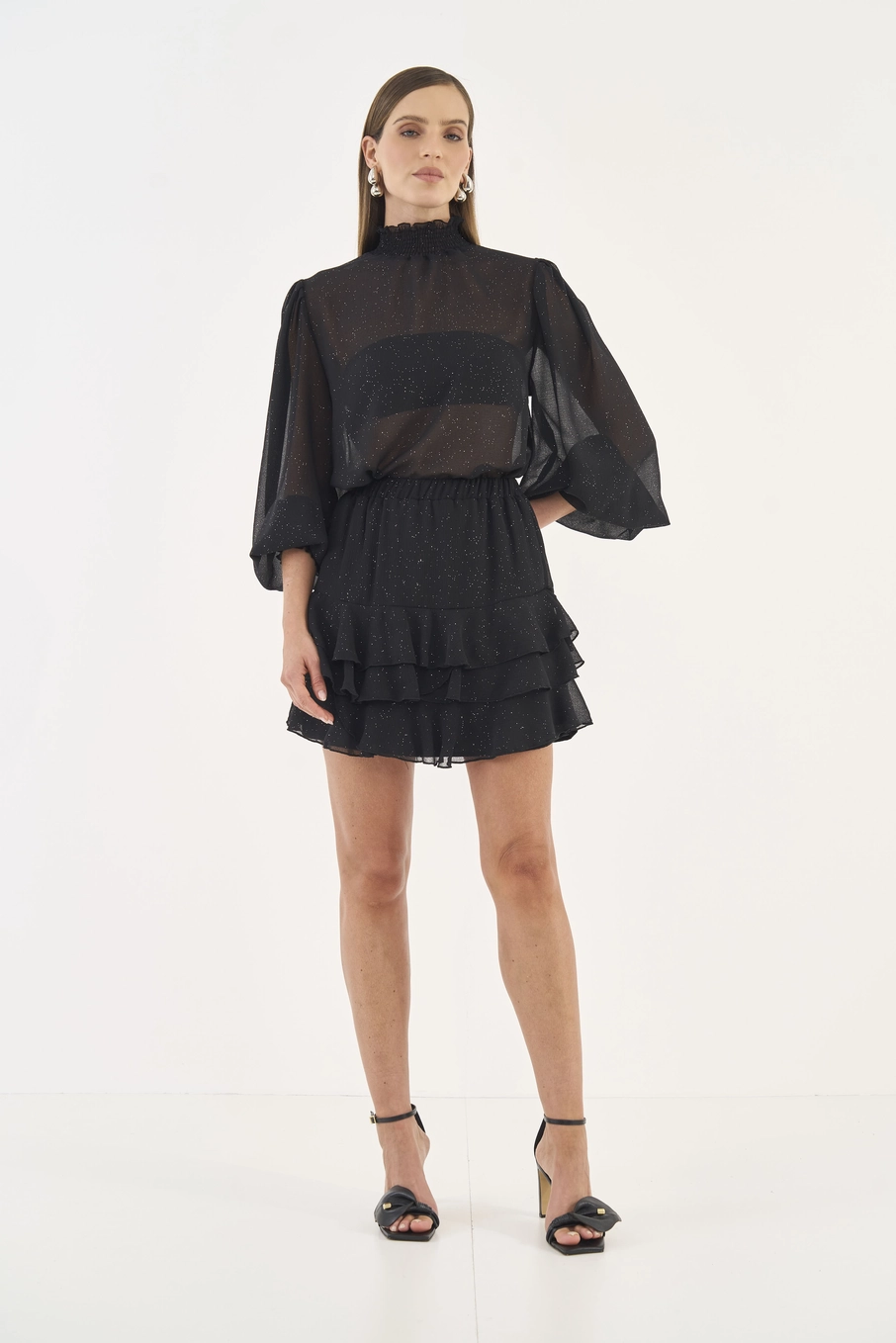 Blusa Solta Mangas Bufantes Com Brilho Preto