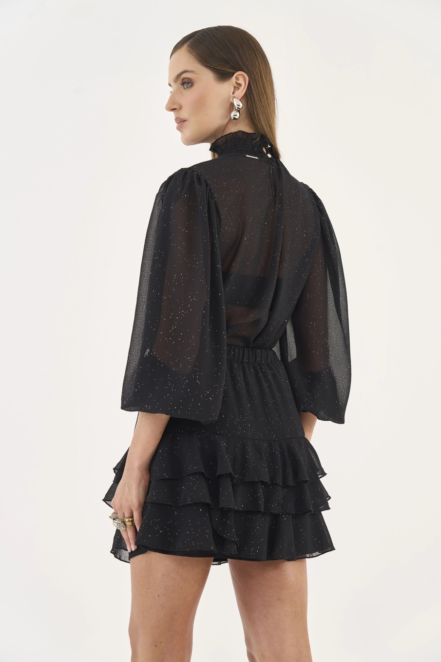 Blusa Solta Mangas Bufantes Com Brilho Preto