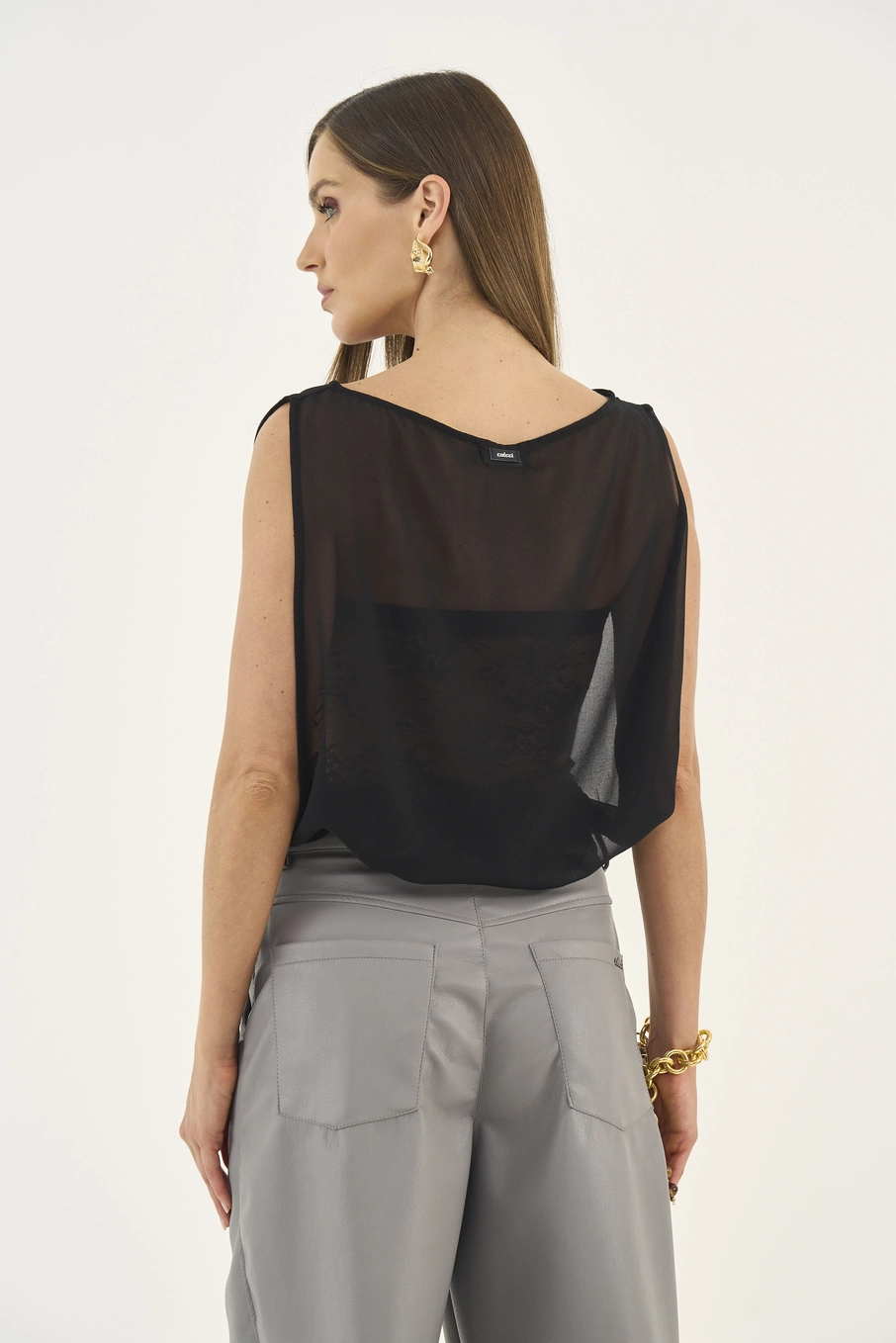 Blusa Em Tule Reta Com Transparência Preto