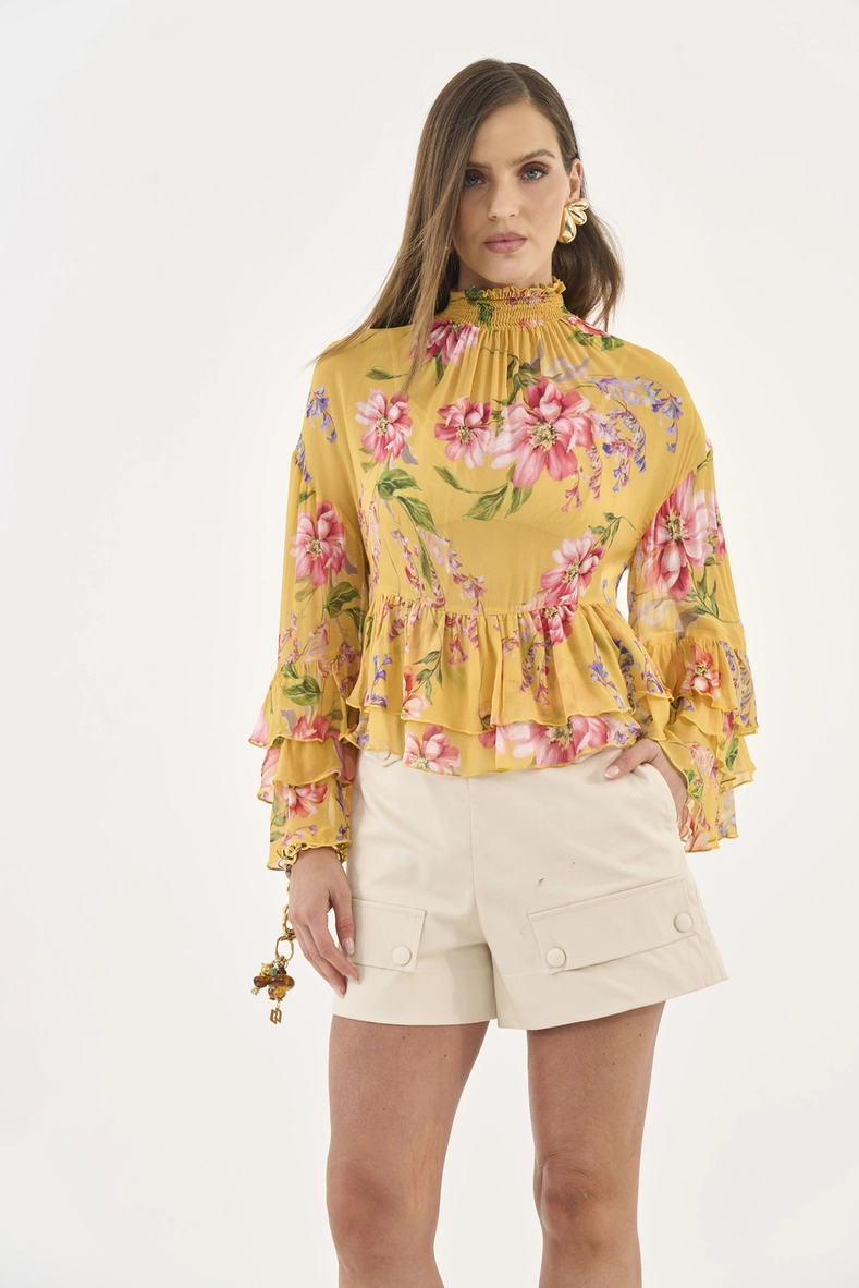 Blusa Estampada Manga Longa Gola Alta