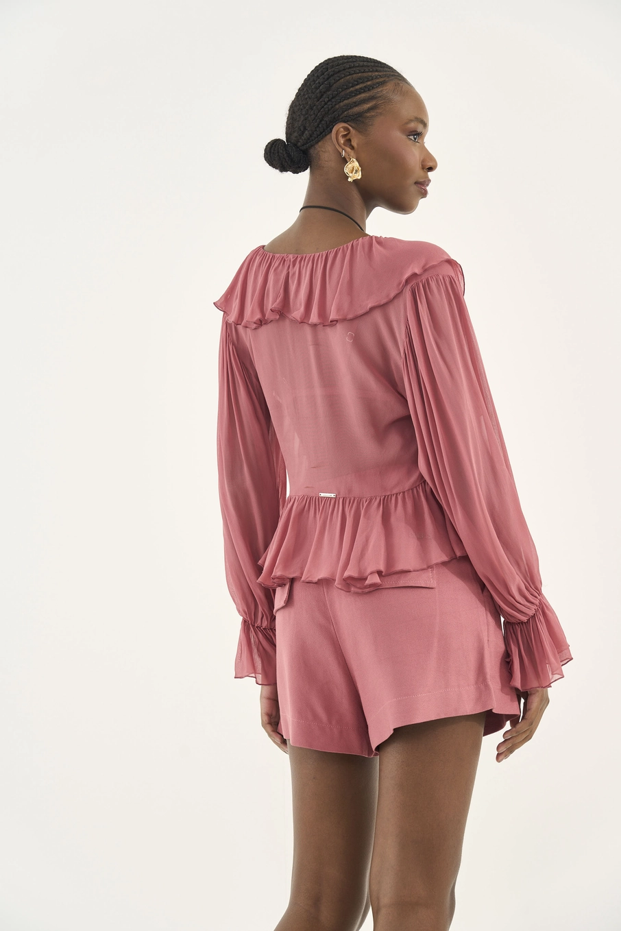 Blusa Fluida Com Babados Rosa
