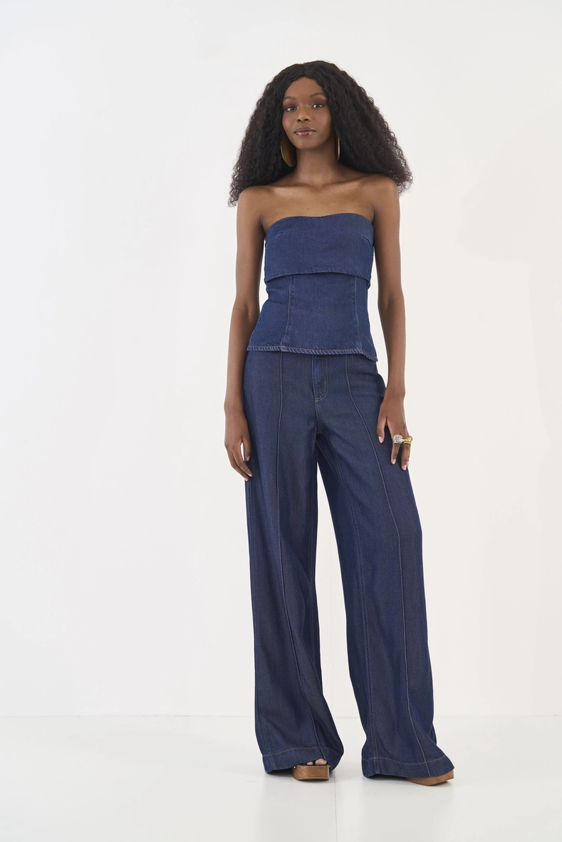 Blusa Jeans Tomara Que Caia Com Sobreposição