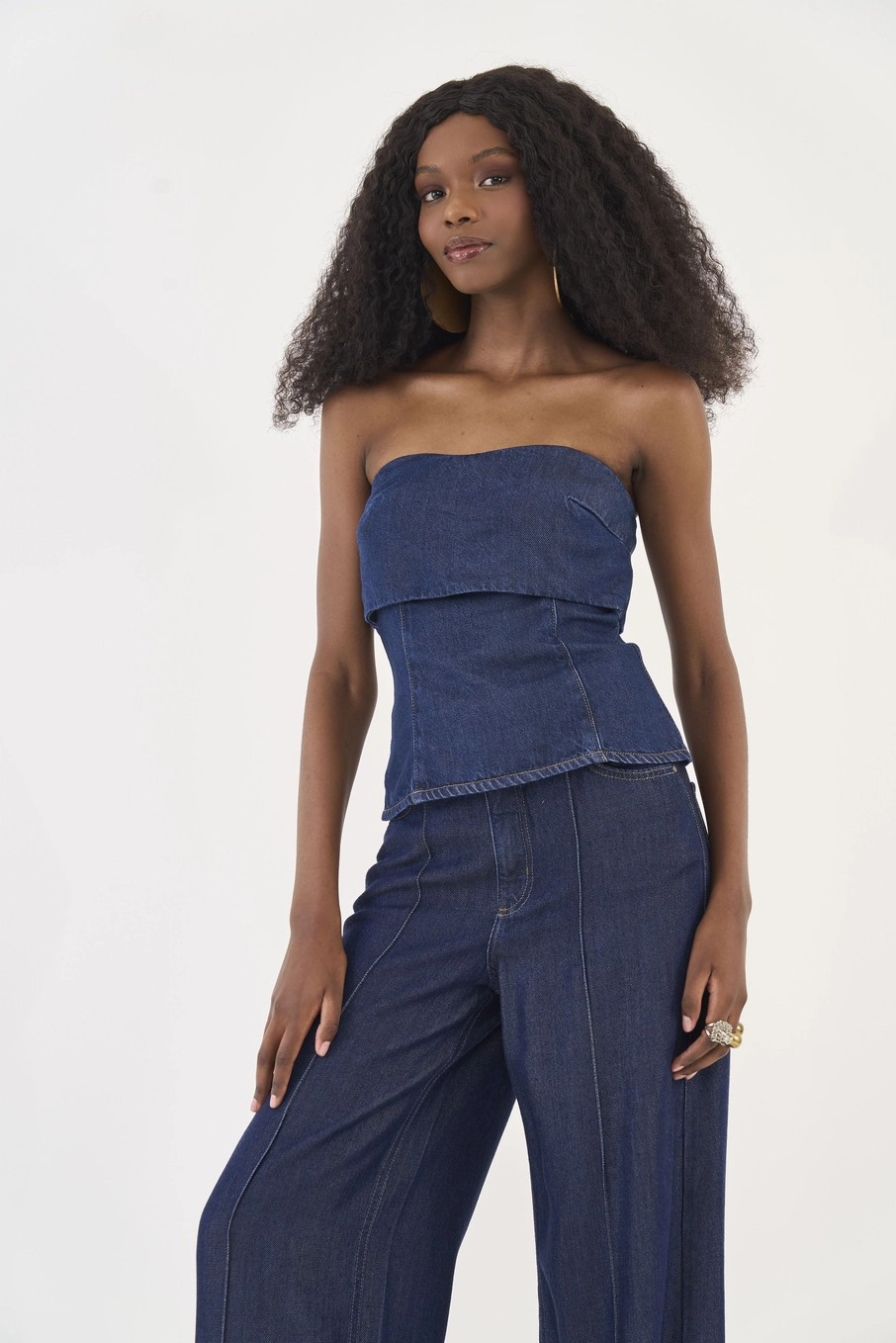 Blusa Jeans Tomara Que Caia Com Sobreposição Índigo