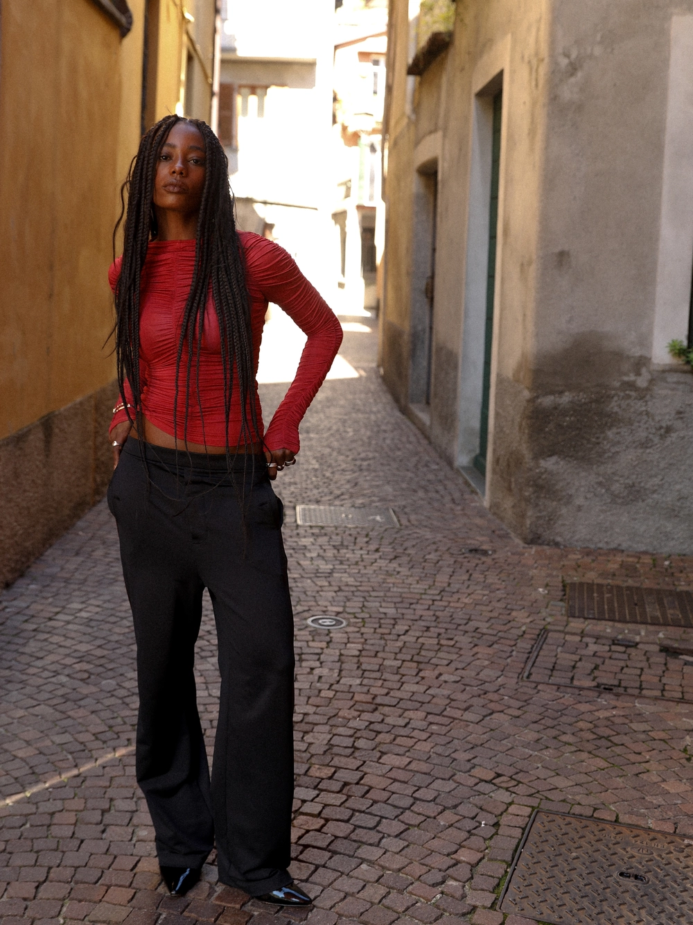 Blusa Slim Manga Longa Franzida Vermelho