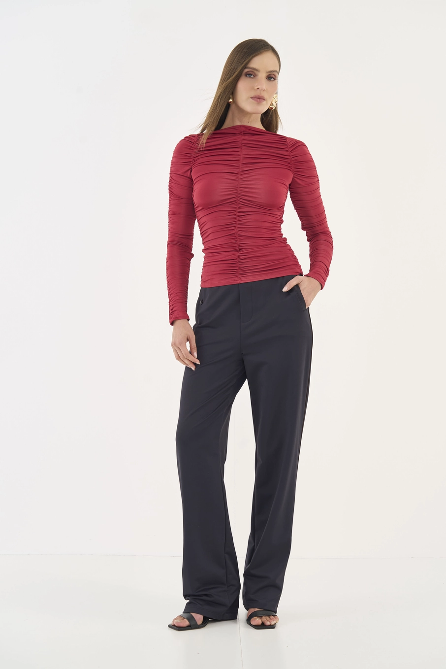 Blusa Slim Manga Longa Franzida Vermelho
