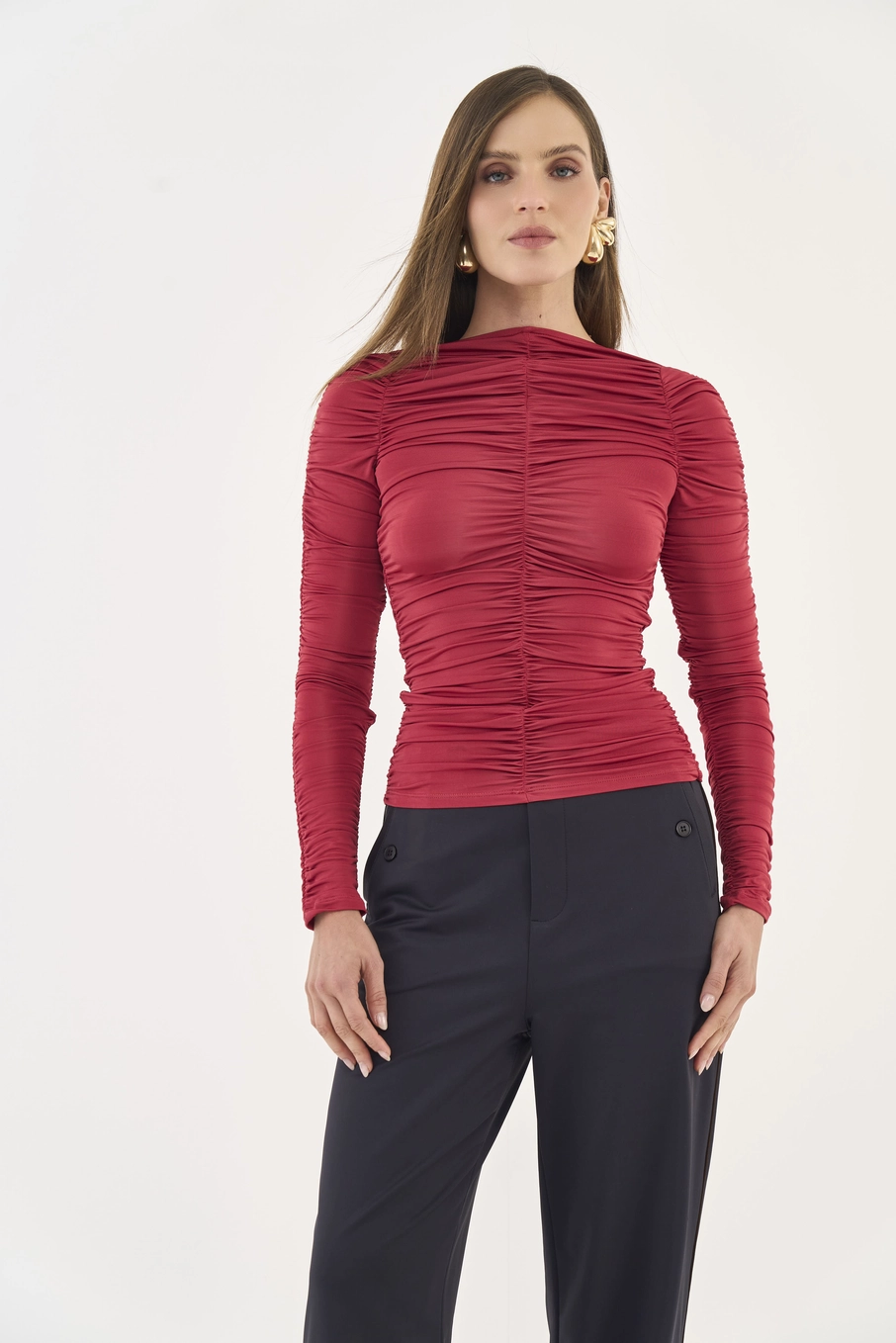 Blusa Slim Manga Longa Franzida Vermelho