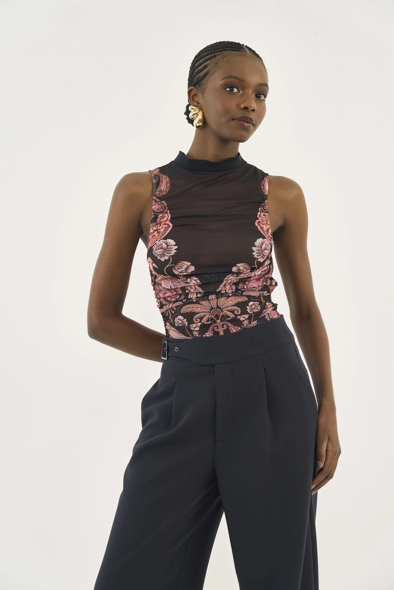 Blusa Em Tule Estampada Com Franzido