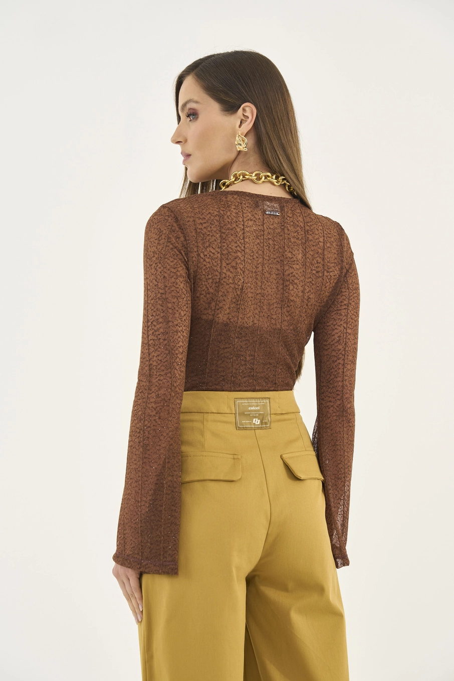 Blusa Comfort Manga Longa Com Transparência Marrom
