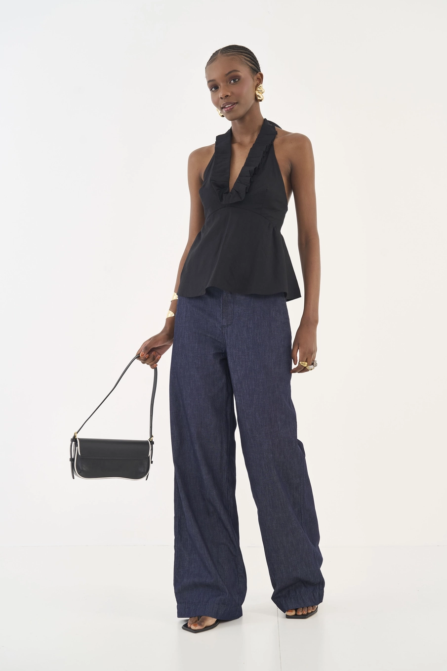 Blusa Frente Única  Com Babados Preto