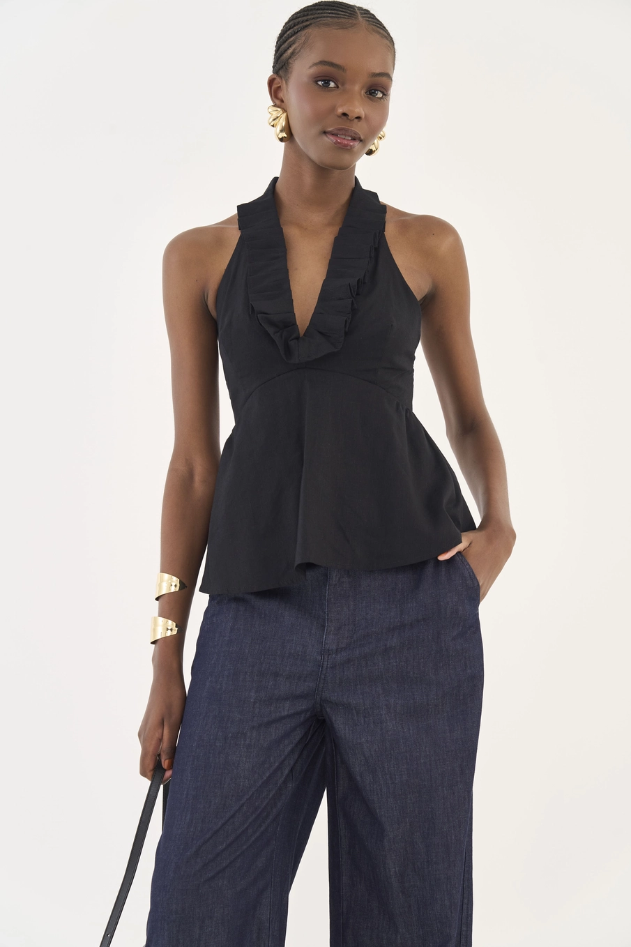 Blusa Frente Única  Com Babados Preto