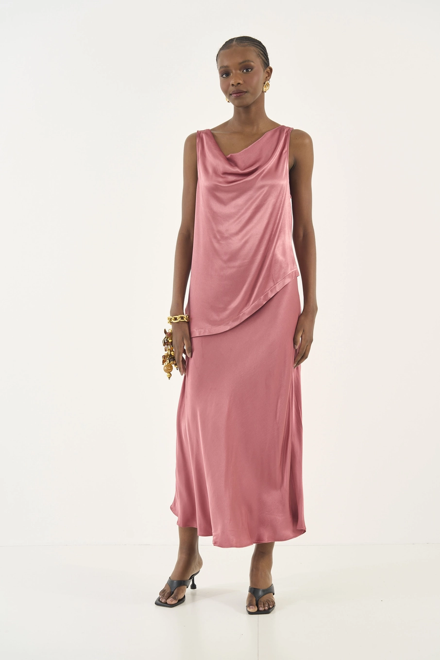 Blusa Acetinada Degagê Alongada Rosa