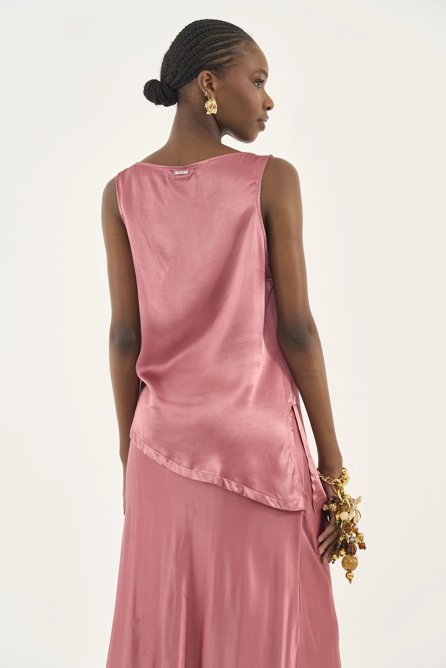 Blusa Acetinada Degagê Alongada Rosa