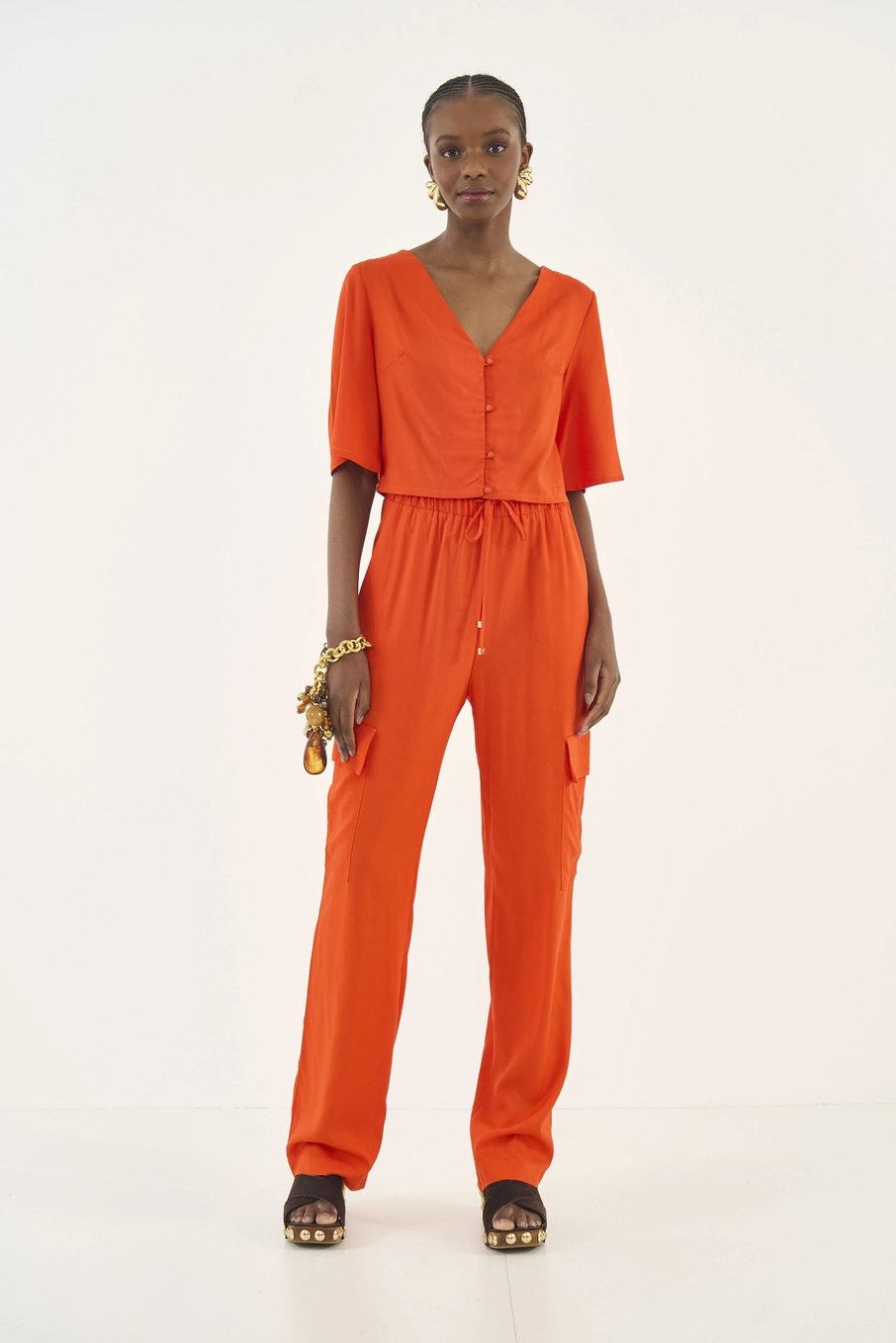 Blusa Reta Comfy Com Abertura Frontal Laranja