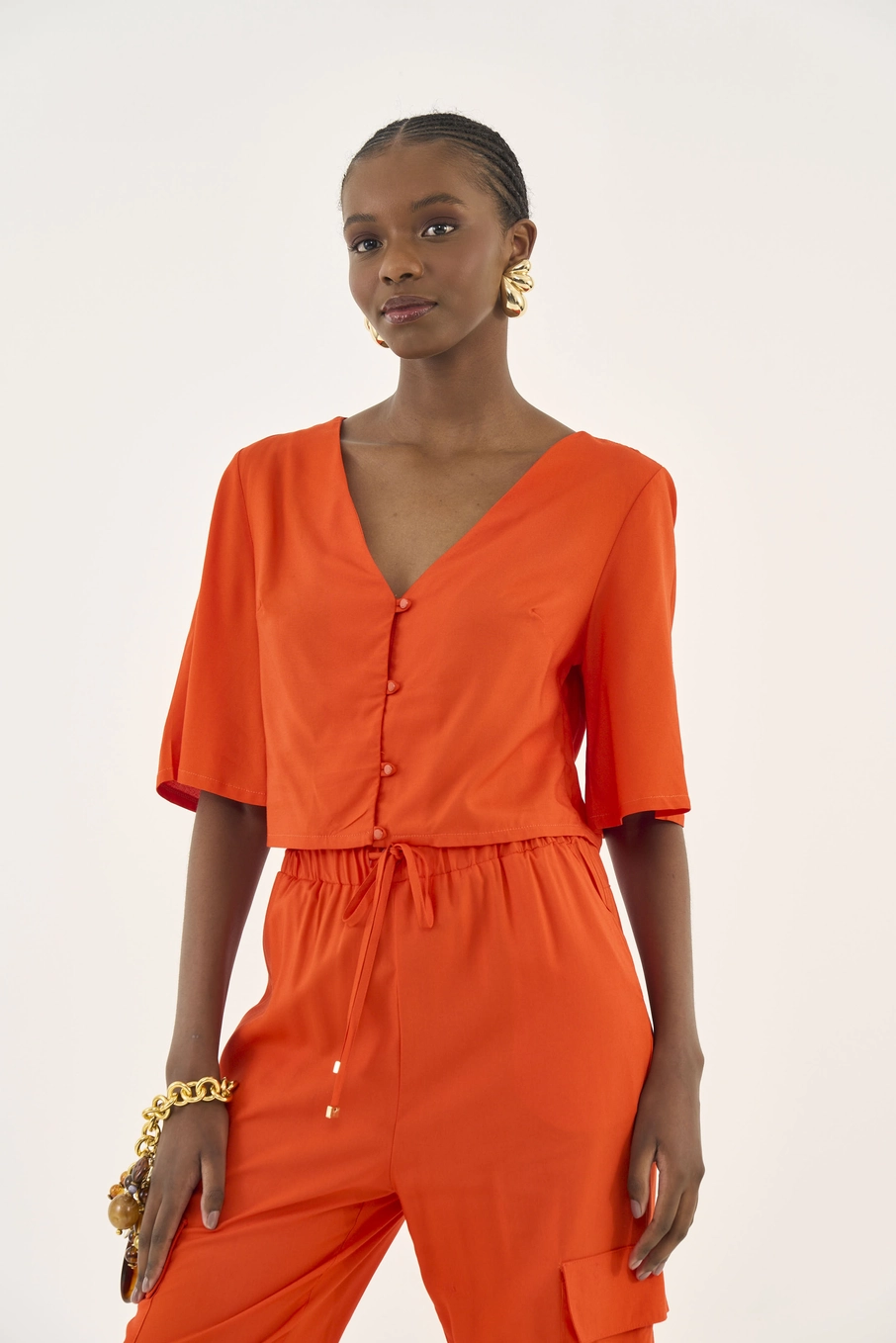 Blusa Reta Comfy Com Abertura Frontal Laranja