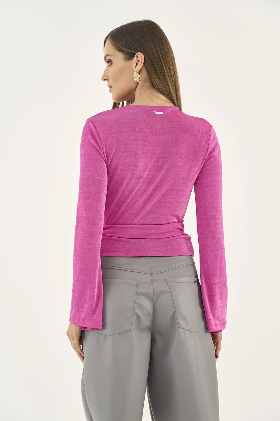 Blusa Manga Longa Transpassada Com Amarração Rosa Timeless
