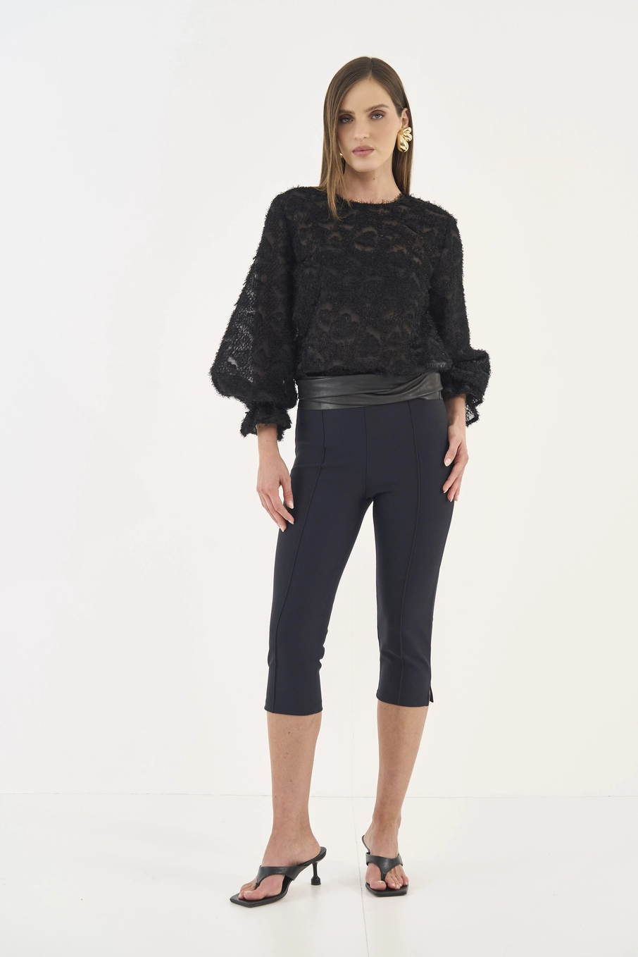 Blusa Comfort Mangas Bufantes E Transparência Preto