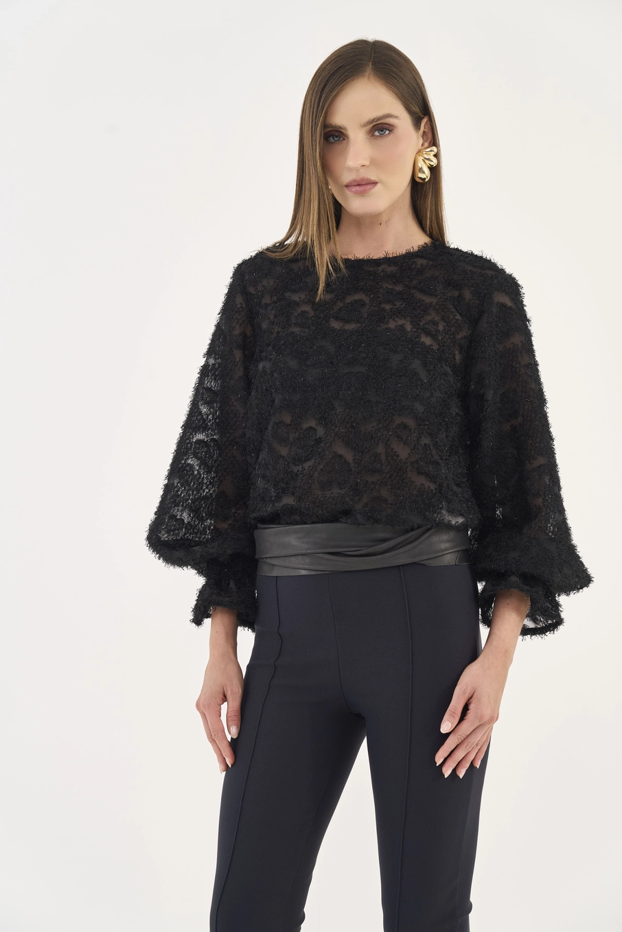 Blusa Comfort Mangas Bufantes E Transparência Preto