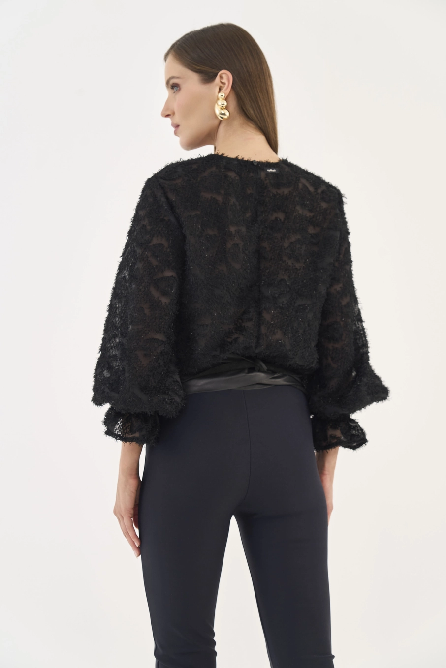 Blusa Comfort Mangas Bufantes E Transparência Preto