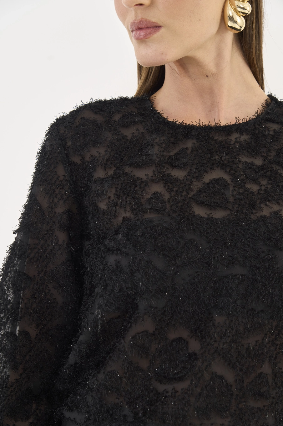 Blusa Comfort Mangas Bufantes E Transparência Preto