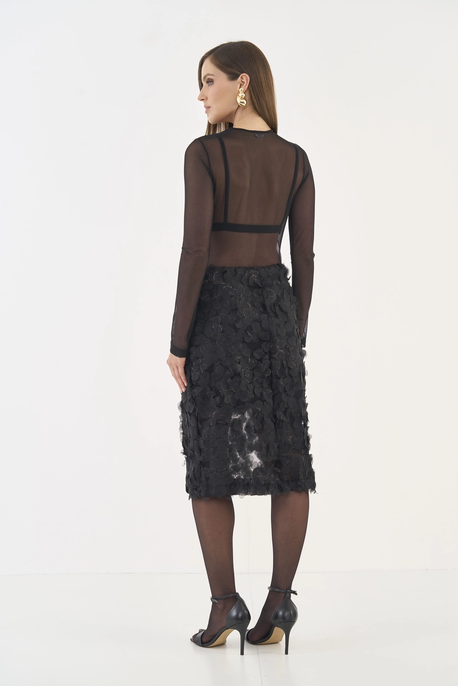 Blusa Slim Manga Longa Em Tule Preto