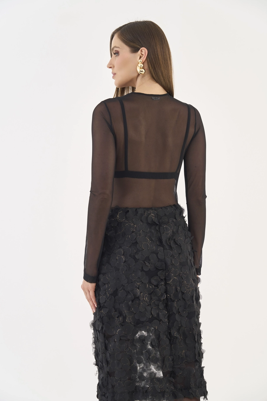 Blusa Slim Manga Longa Em Tule Preto