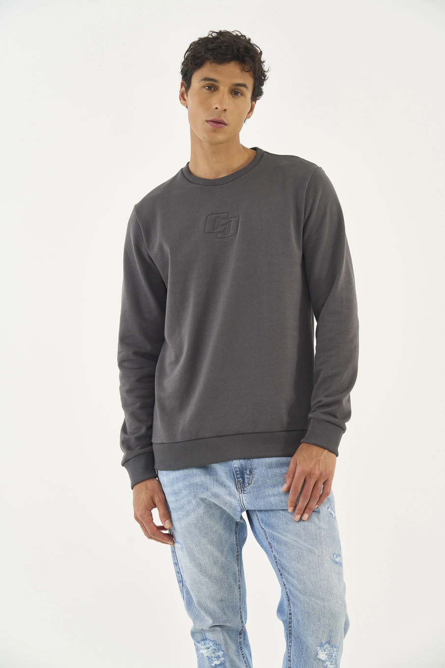 Blusão Moletom Slim Com Logo Bordada Cinza