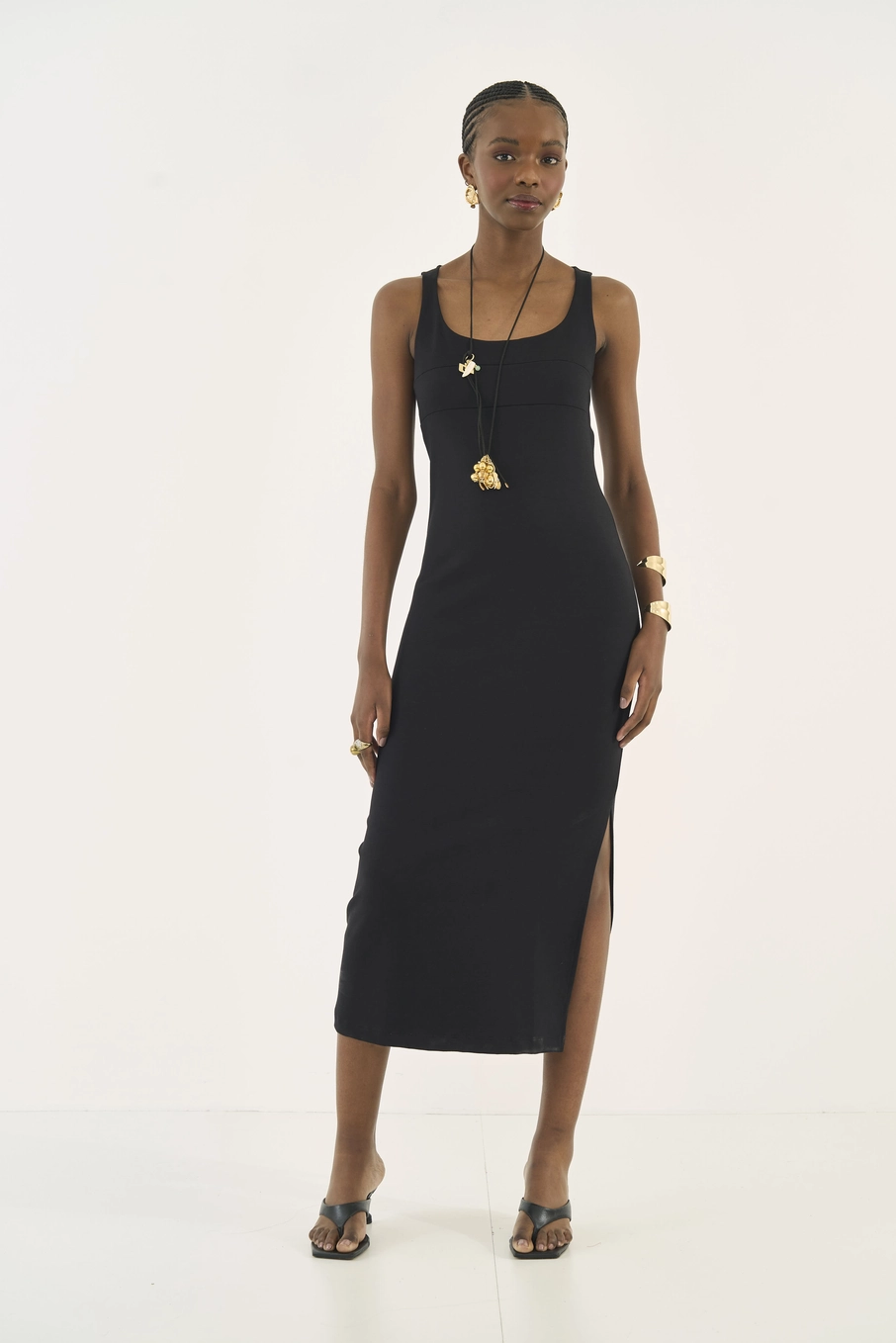 Vestido Slim Midi Com Fenda Preto