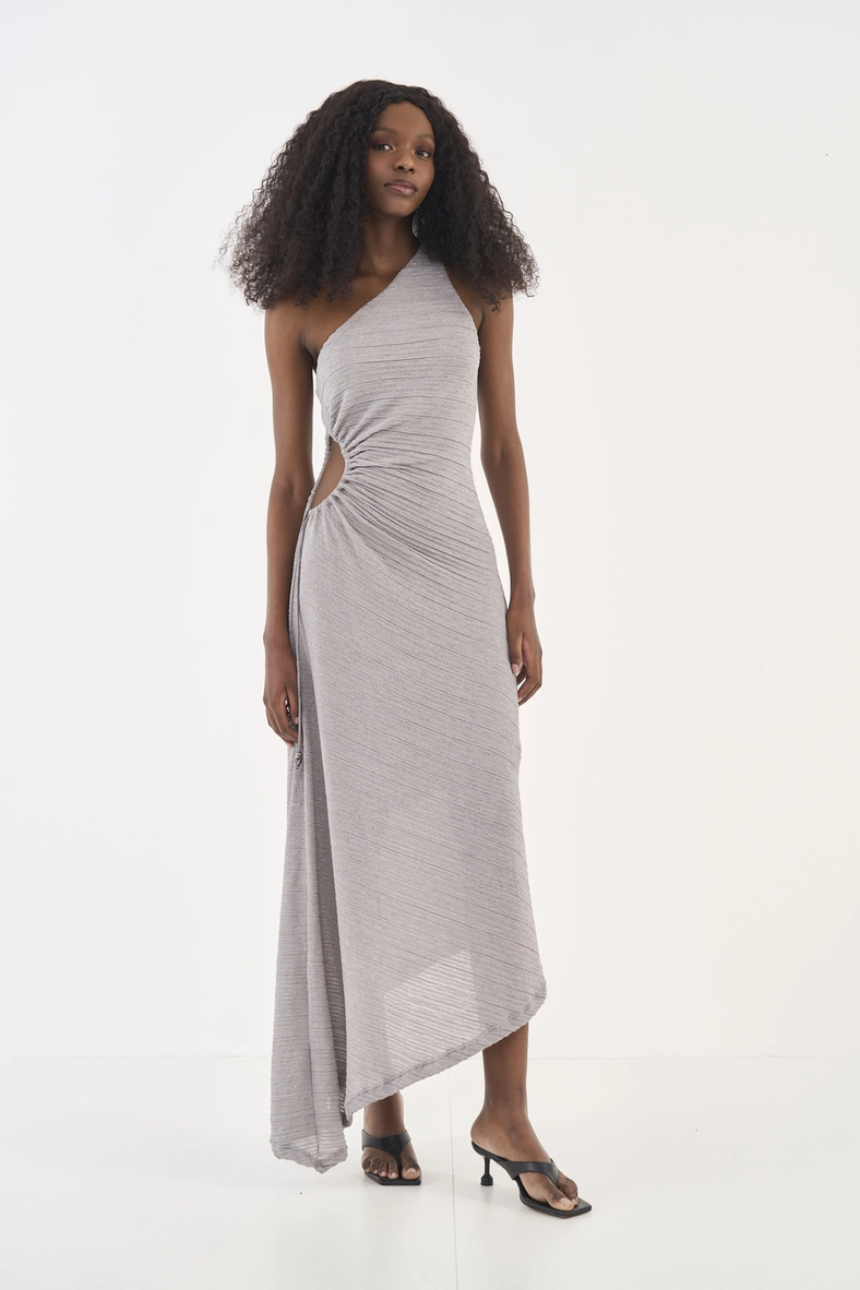 Vestido Plissado Metalizado Assimétrico