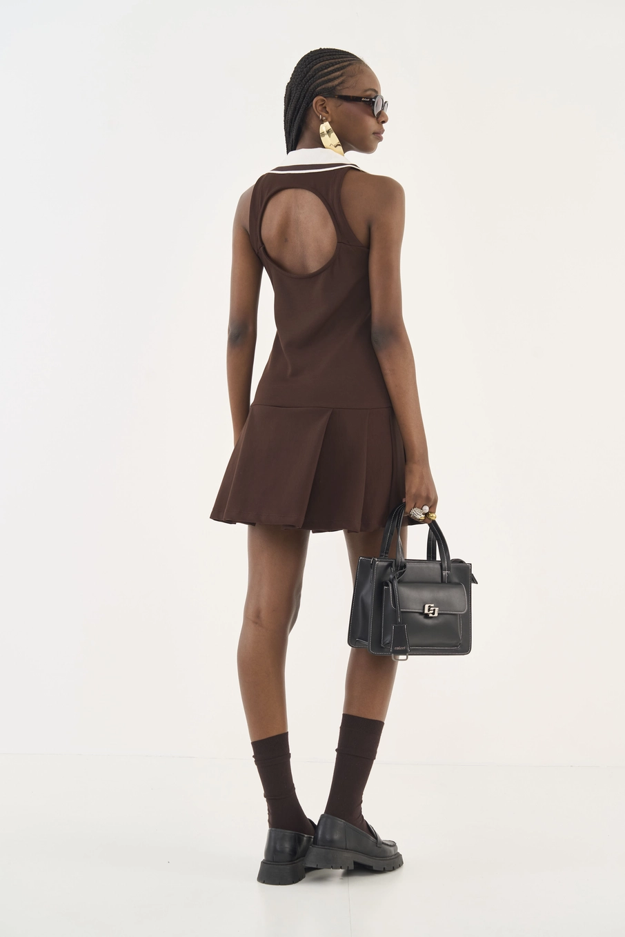 Vestido Comfort Drapeado Gola Polo Marrom